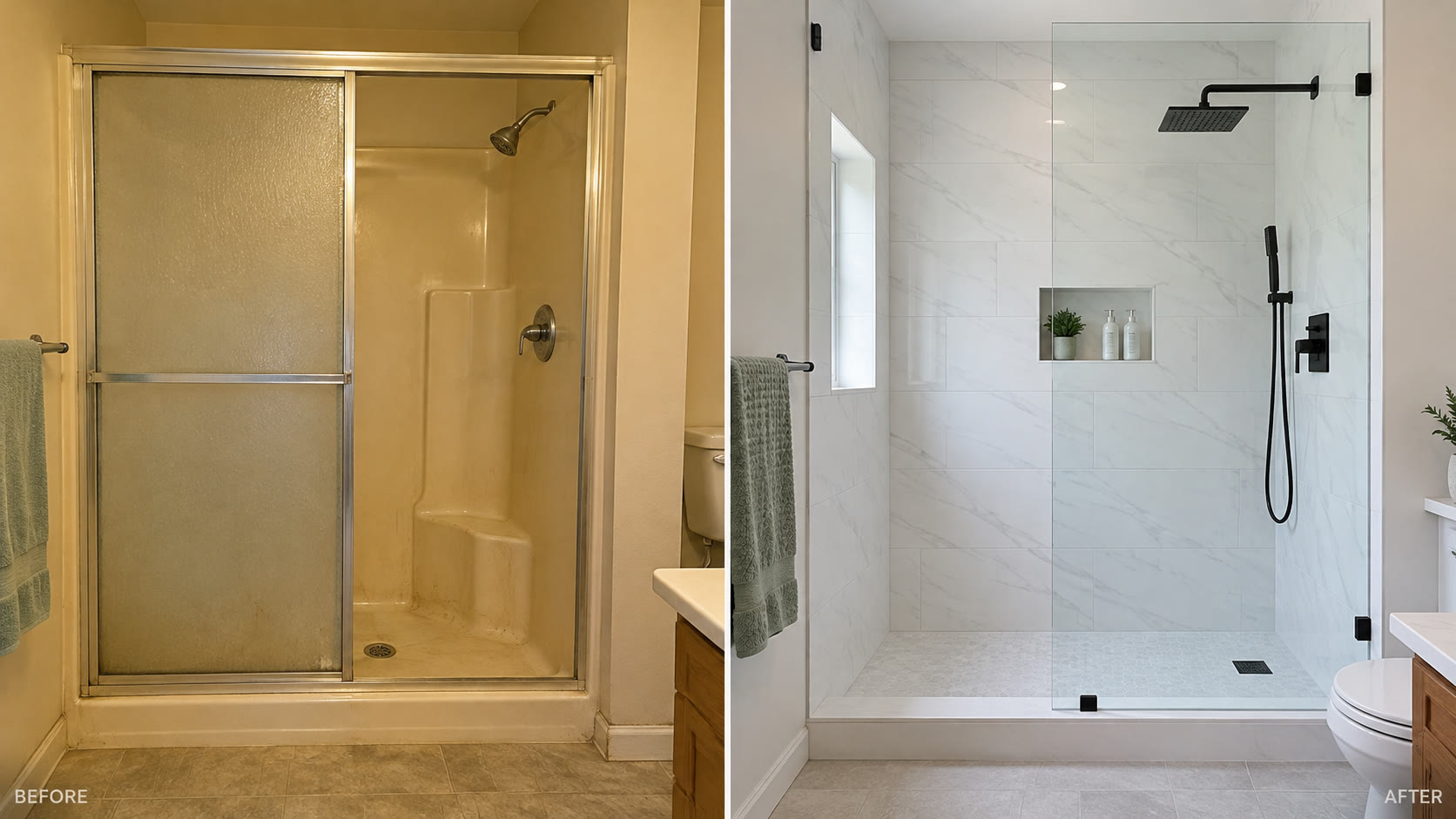Side by side photo showing an old dated shower before remodeling and a brand new tiled walk-in shower after remodeling